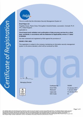 Email Hippo Ltd ISO 27001 Certificate