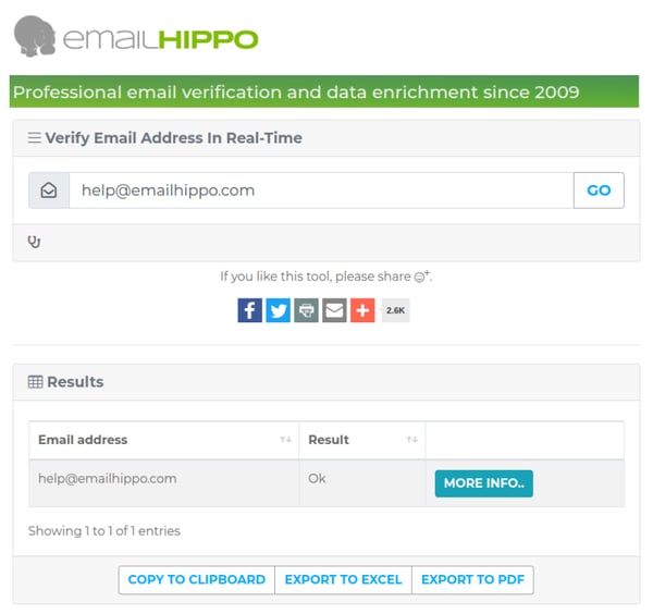 Screenshot showing how Email Hippo's email verification system works